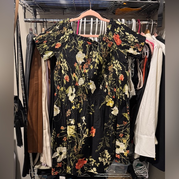 NWT H&M Smocked mini dress, black floral, size XL - Picture 2 of 5